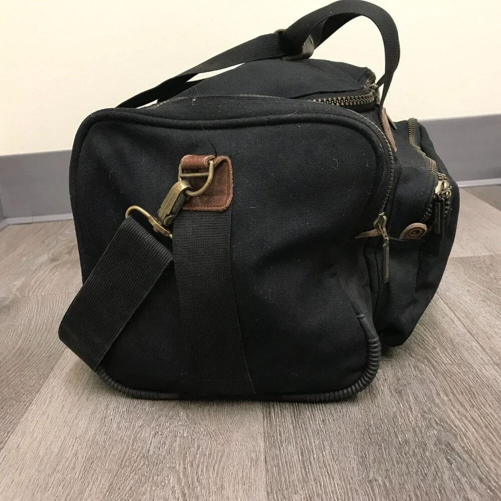 EDDIE BAUER Duffle Bag Black Lightweight Canvas Luggage Leather Trim 13 X 20